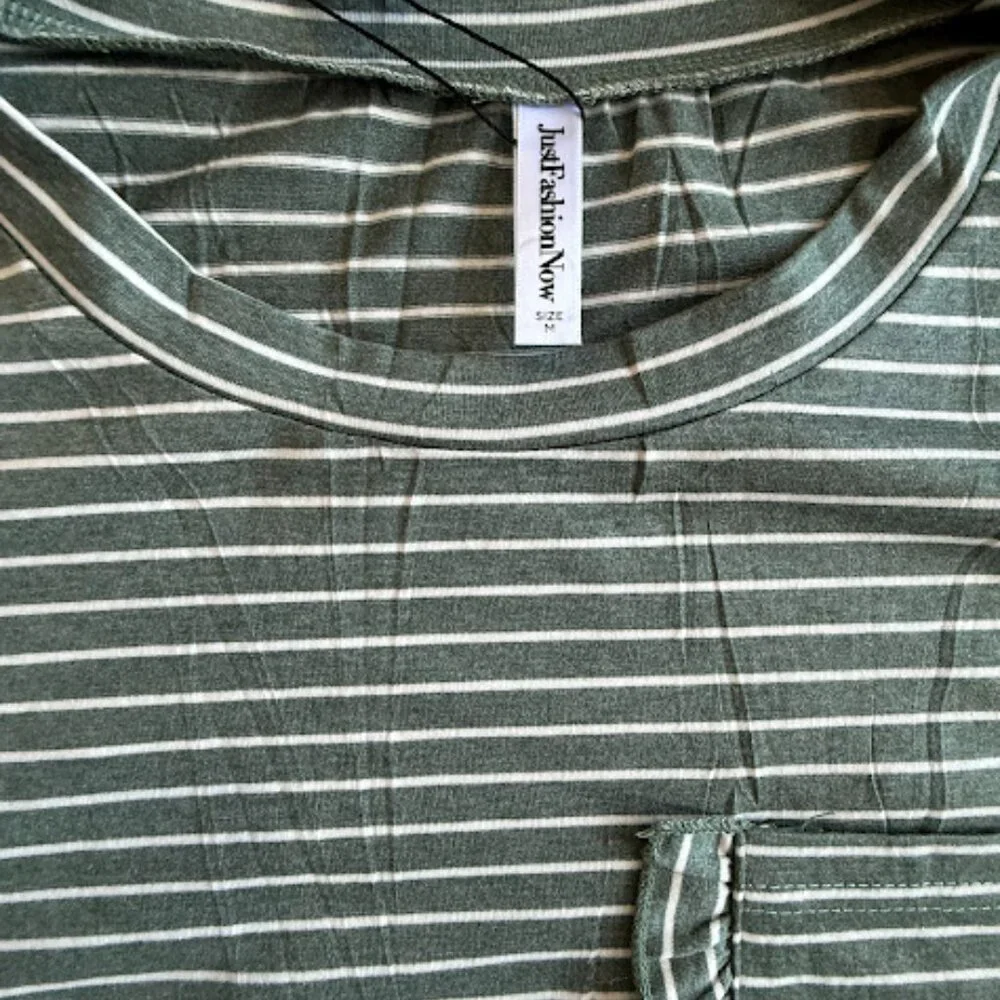 NWT Olive Green Striped Ruffle Sleeve Tee Womens Casual Pocket Top Size M - Picture 4 of 13